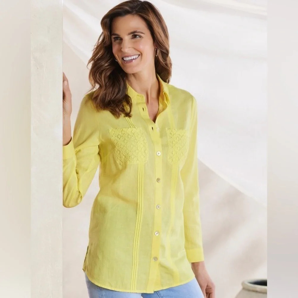 Soft Surroundings Womens Large Surf Spray Yellow Iris Linen Blend Tunic Shirt L
